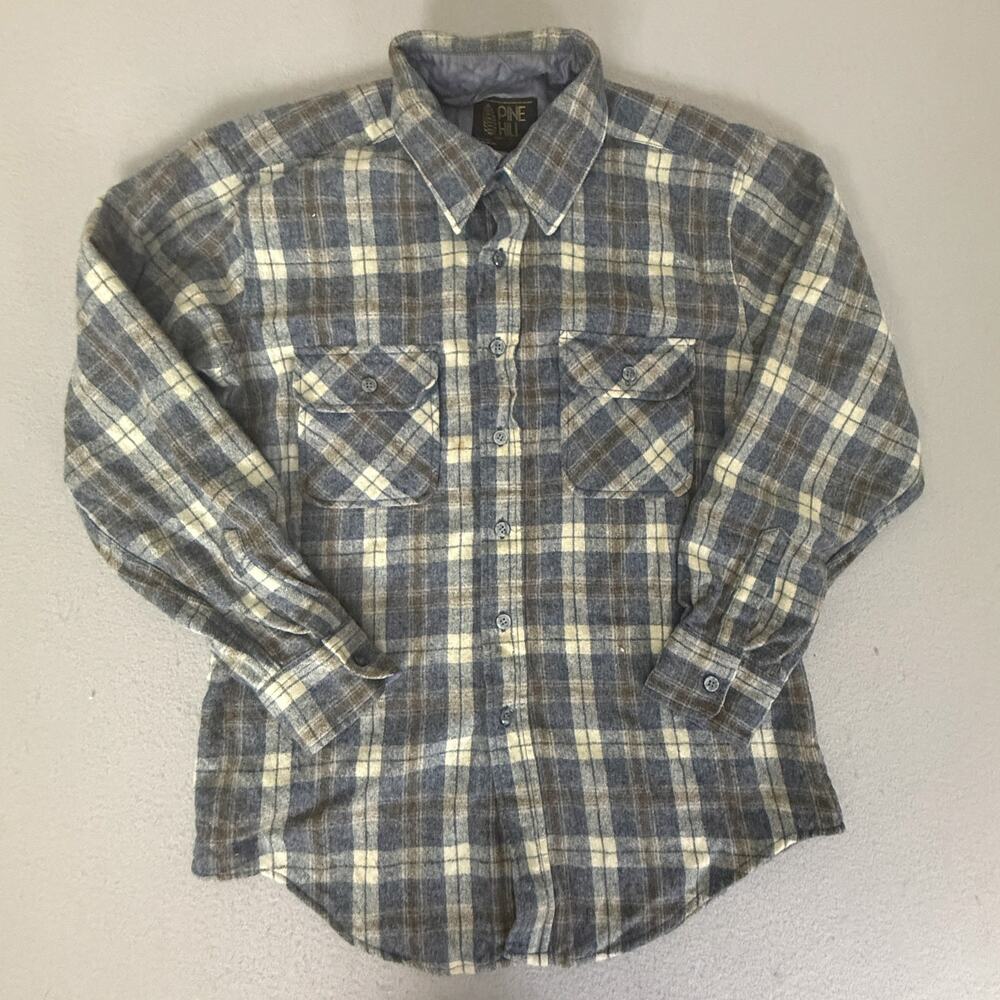 Pine Hill Wool Blend Plaid Flannel Shirt Mens M Blue Gray Button Up Korea